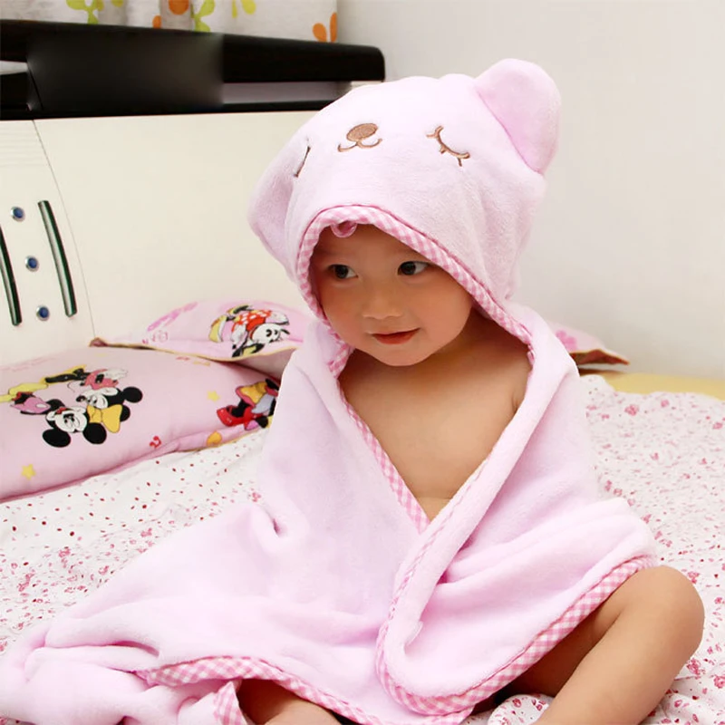 Boys Girls Cute Bear Animal Face Hooded Flannel Blanket Soft Newborn Sleeping Wraps for Infant Baby Plush After Bath Rug