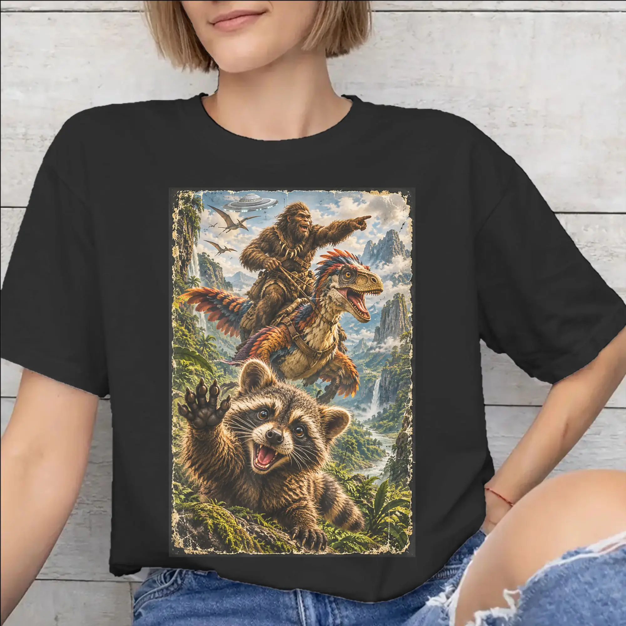 Mens Womens Funny Bigfoot Ride Dinosaur Raccoon Shirt Cotton Graphic Printed T-Shirt  Top Clothing