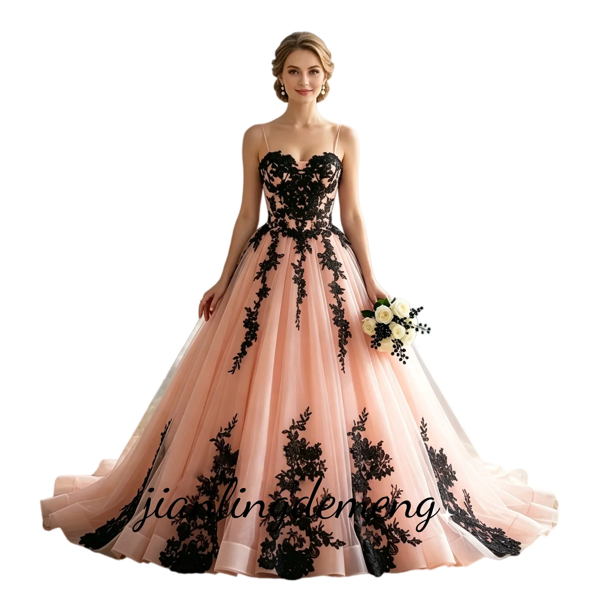 Romantic Blush Pink Black Lace Tulle A Line Wedding Dress Sweetheart Spaghetti Strap Bridal Gown Customized