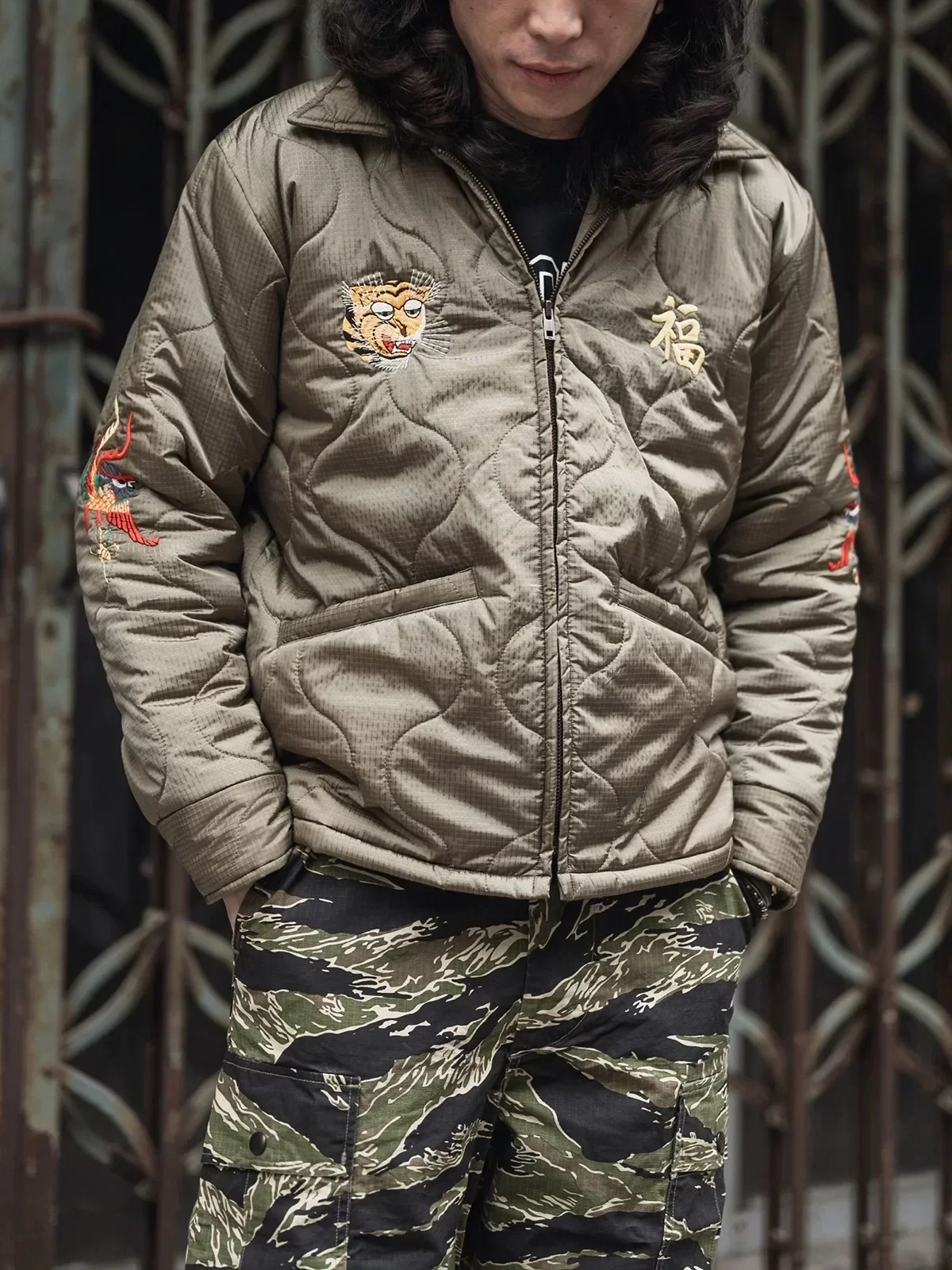 Non Stock Quilted Embroidery Jacket Military-Inspired Tour Jacket Unisex Outerwear Amekaji