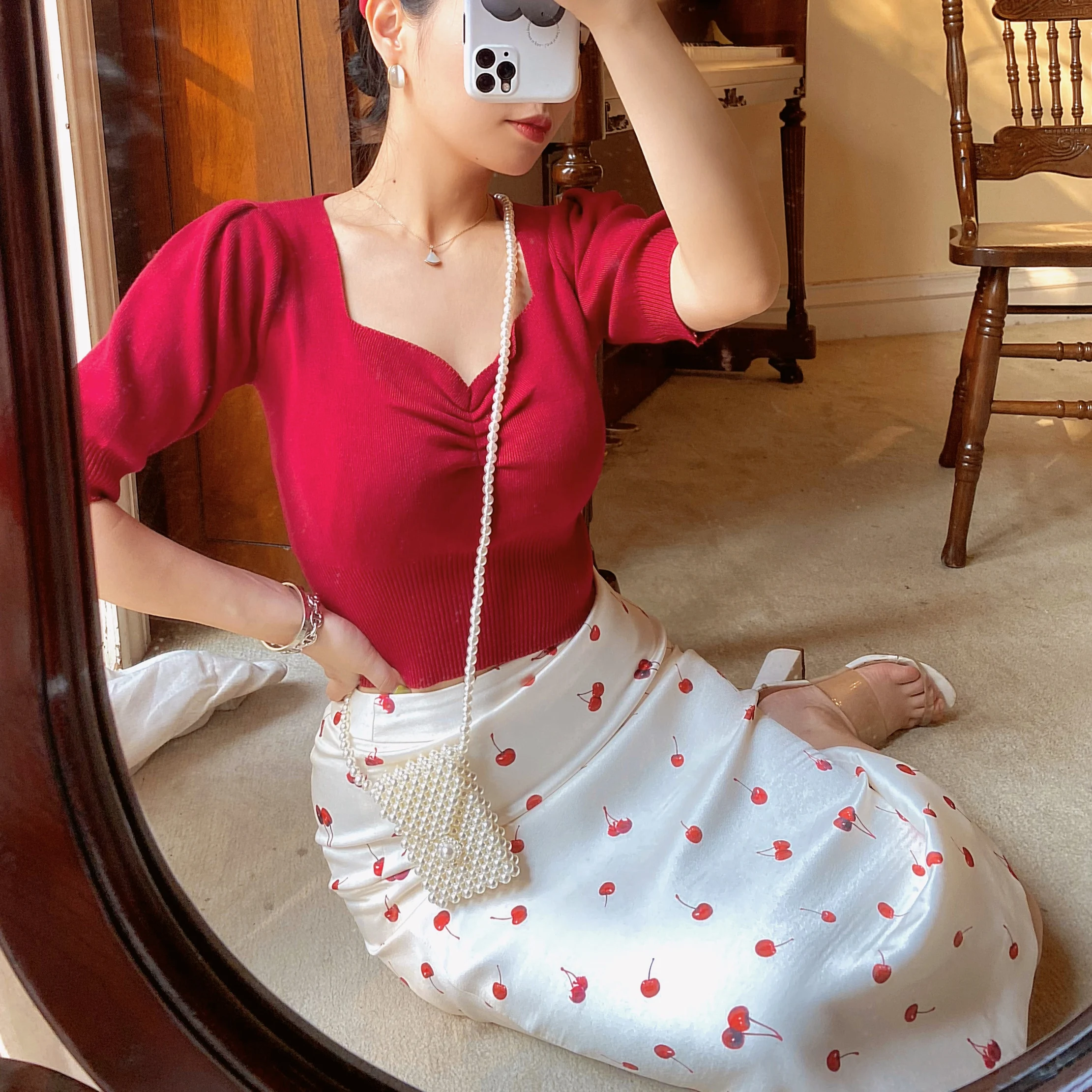 

Spring 202 Cherry Print Silk f Skirt High Waist Bodycon Skirt Straight Cut Ele Women's Faion Spring Collection