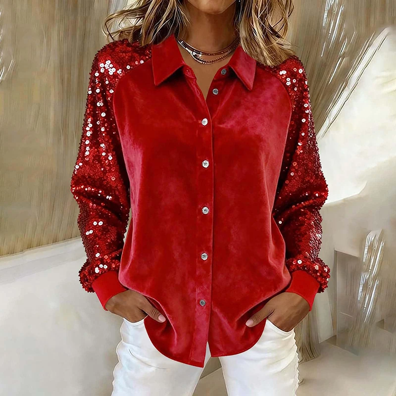 Elegant Blouse For Women Autumn Winter Turn Down Collar Button Shirt Women Velvet Sequins Blouse Women Fashion Christmas Shirt
