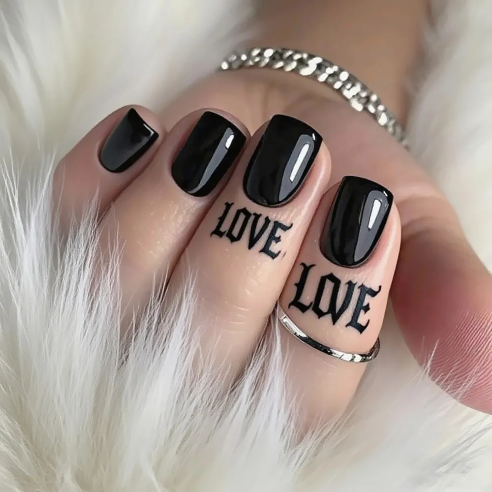 48Pcs Acrylic False Nails With Glue Woman Shiny Black Press On Fake Nail Short Square Shape DIY Finer Manicure Wholesale Tools