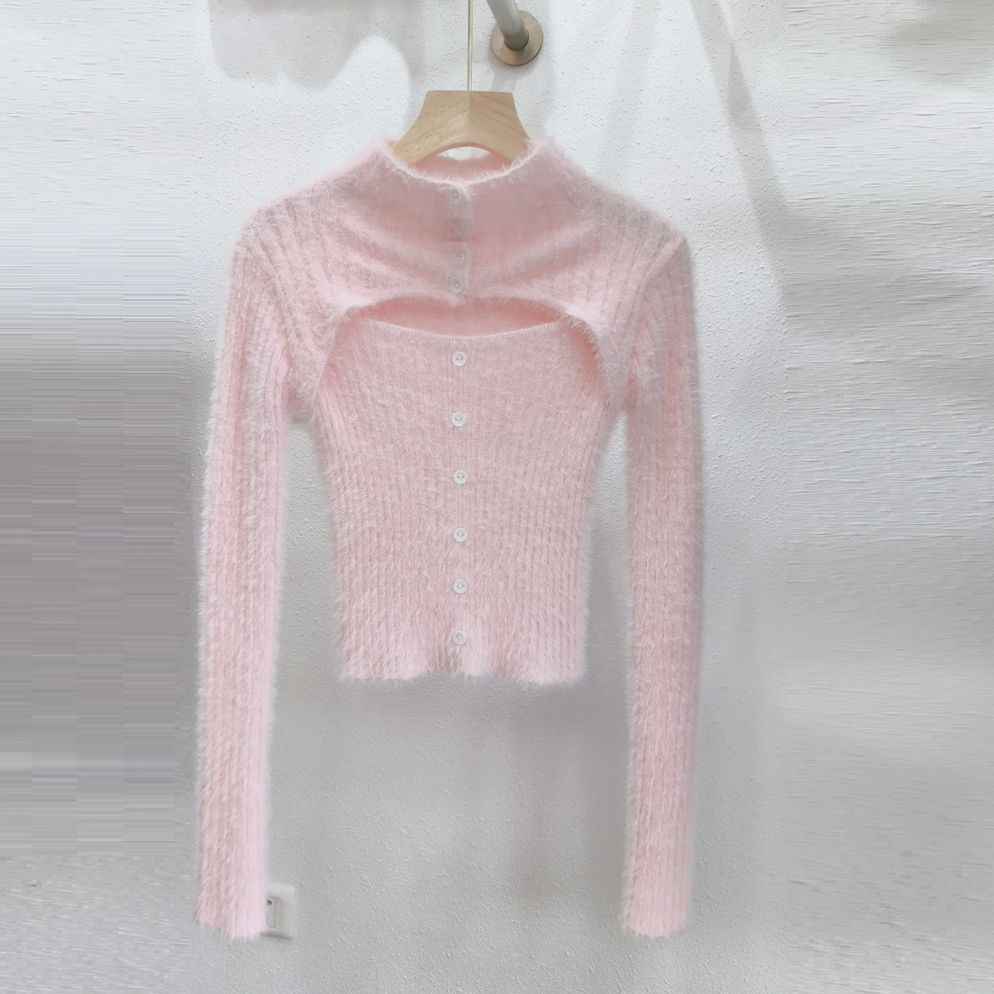 

Autumn Women Knitted Top Hollow out Half High Collar Slim Sexy Mohair Long Sleeves Sweater Solid Cardigan Femme