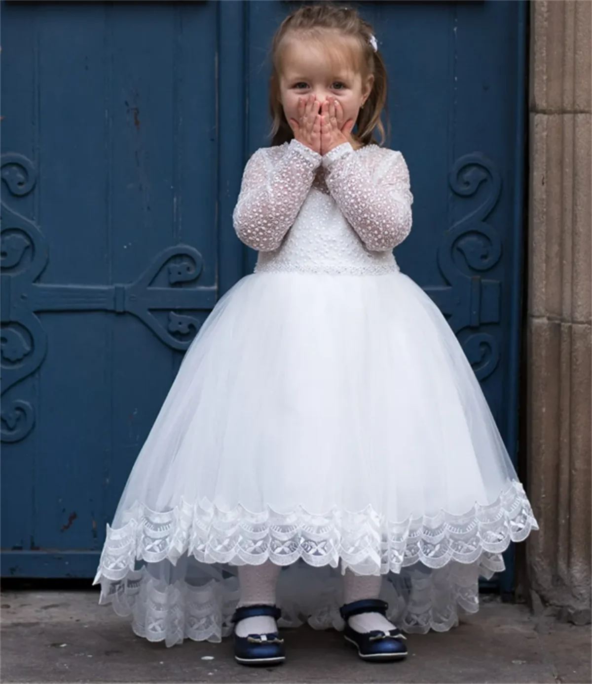 Vestido de encaje blanco para niña de las flores, vestido de tul esponjoso, manga larga, lazo, boda, flor linda, primera comunión, fiesta de cumpleaños