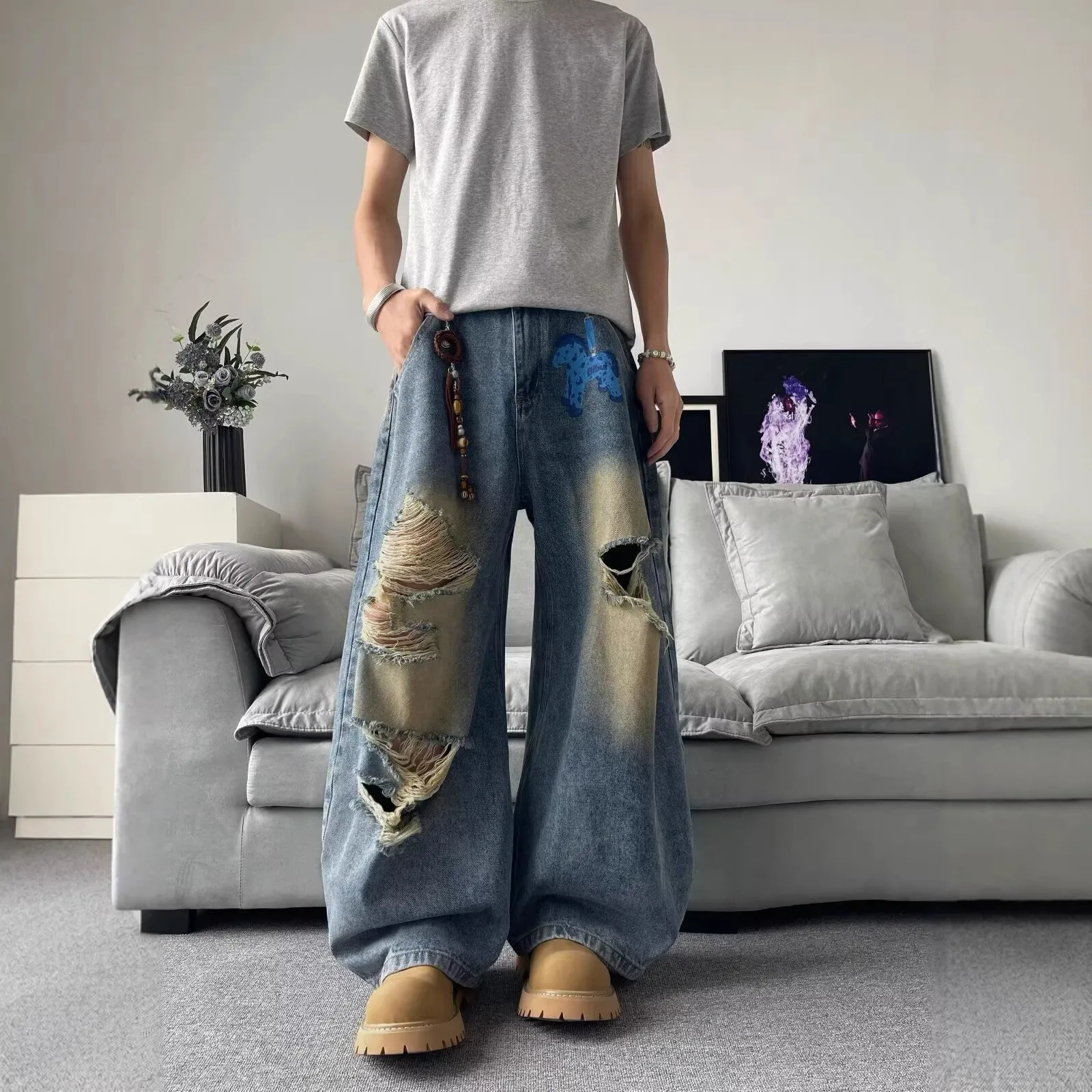 2026 American Retro Cartoon Jeans Men's and Women's Loose Yellow Mud Color Old Ripped Casual Scimitar Wide-leg Trousers