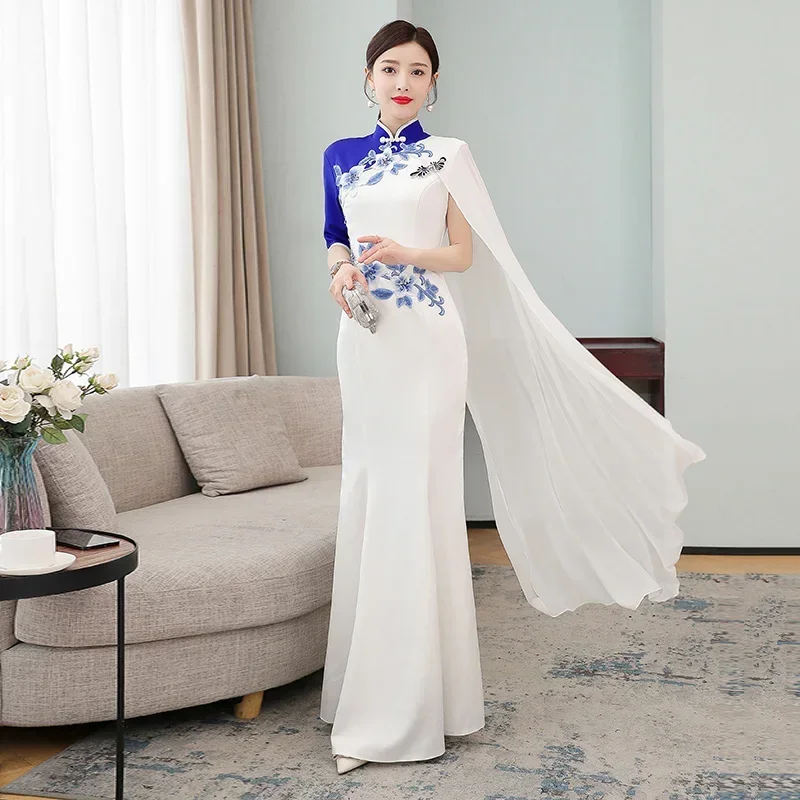 

Chiffon Embroidery Banquet Evening Dress Long Slim Qipao Chinese Dress Eleganti Women Cheongsam Vintage Traditional Clothing New