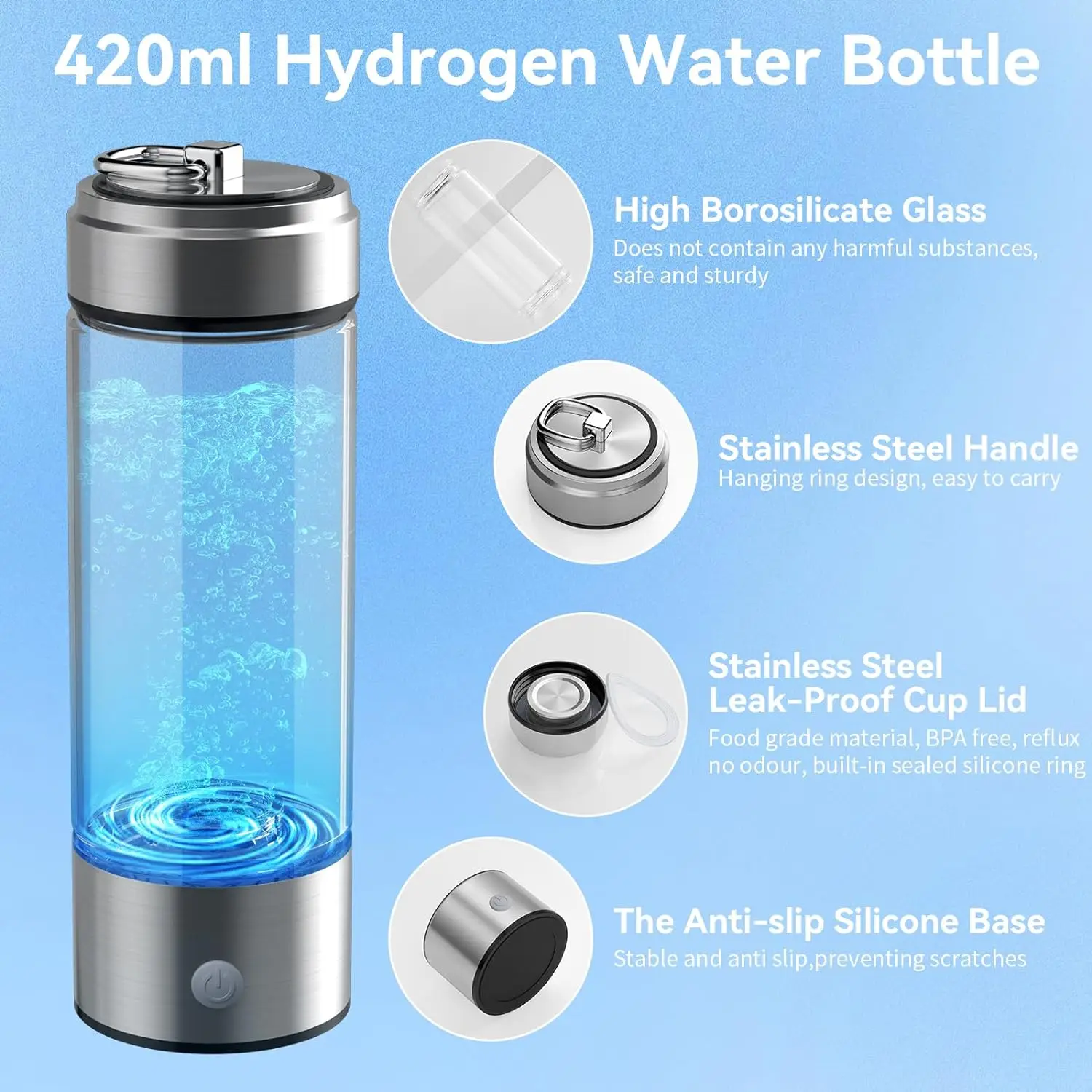 เครื่องกําเนิดขวดน้ําไฮโดรเจนแบบชาร์จไฟได้ Hydro Health ขวดน้ําไฮโดรเจน 420ml แบบพกพาน้ําไฮโดรเจนแก้ว