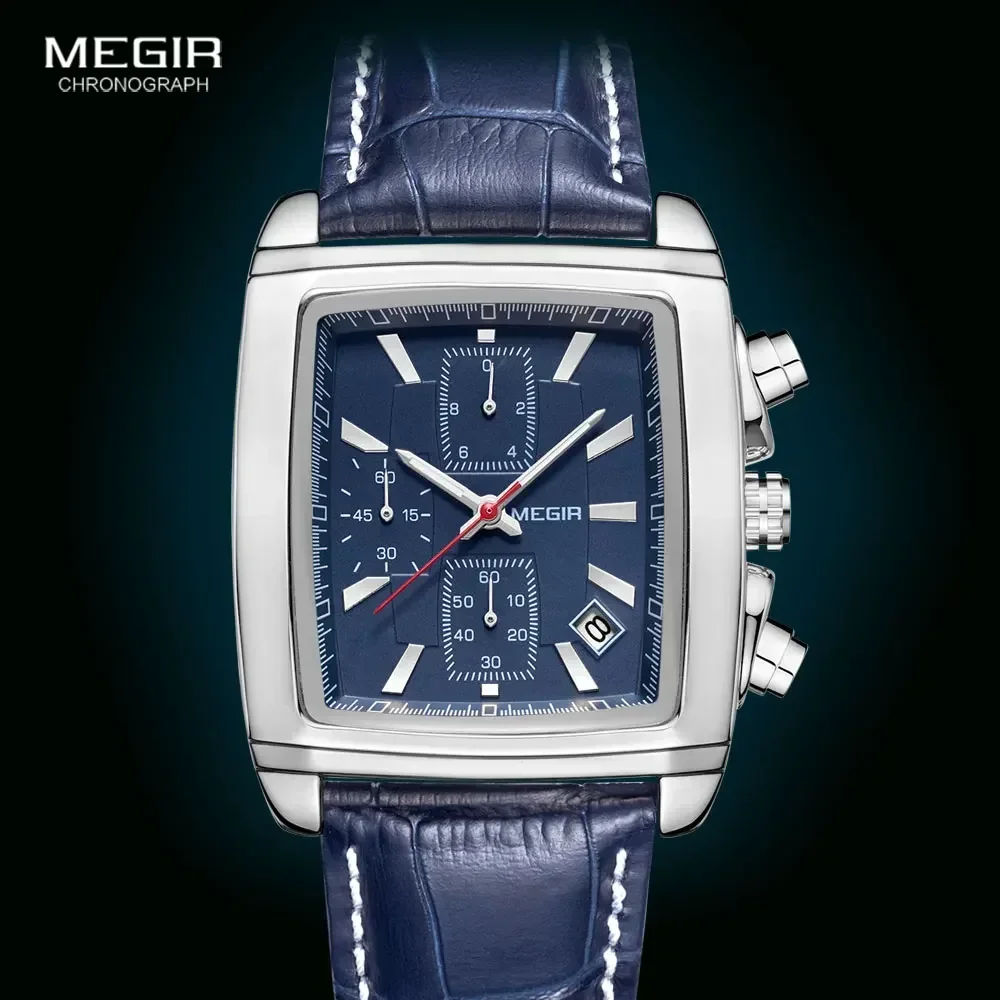 Megir Rectangle Dial Leather Strap Watch for Men Casual Blue chronograph quartz watches Man Wristwatch montre reloj часы мужские