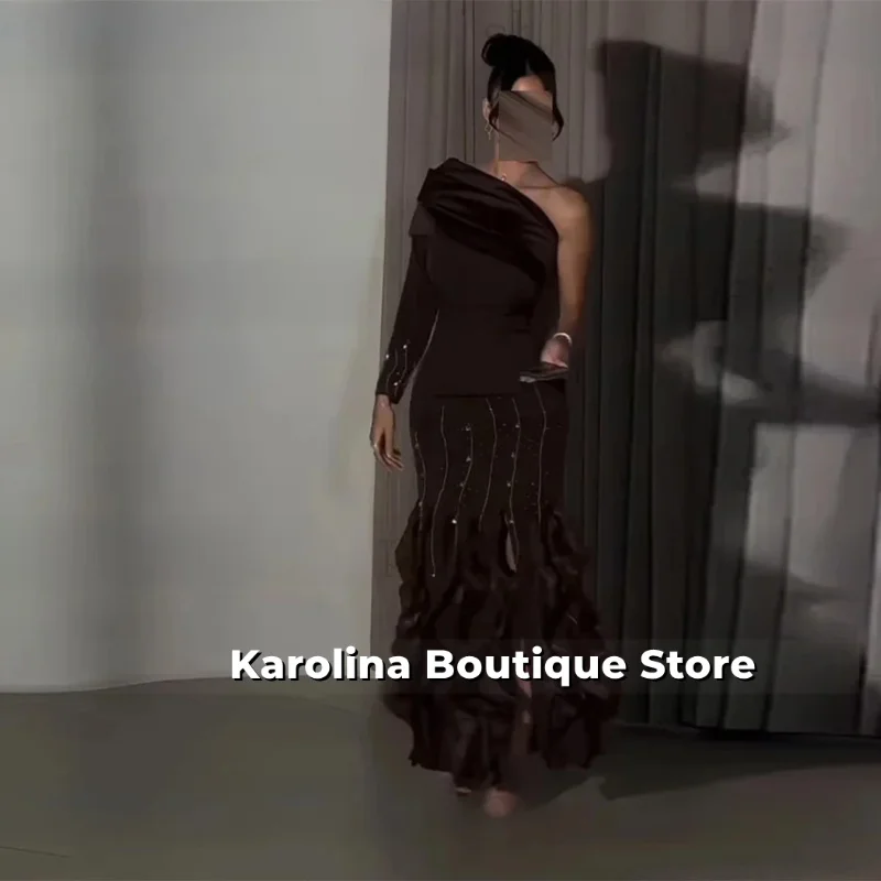 Personalizado de um ombro formal vestidos de noite lantejoulas miçangas babados sereia vestido de baile moderno sem costas longo vestido de festa