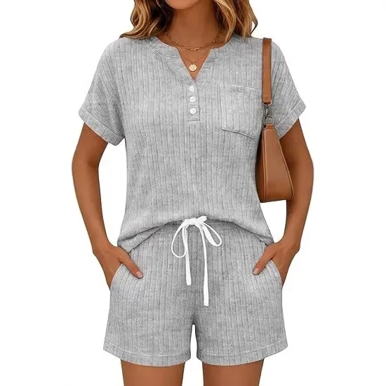 Summer Women Pajamas Shorts Knit Drawstring Waist Short Pants Ribbed Knit Neck Casual Shorts Blue Relaxed Fit Pink Shorts