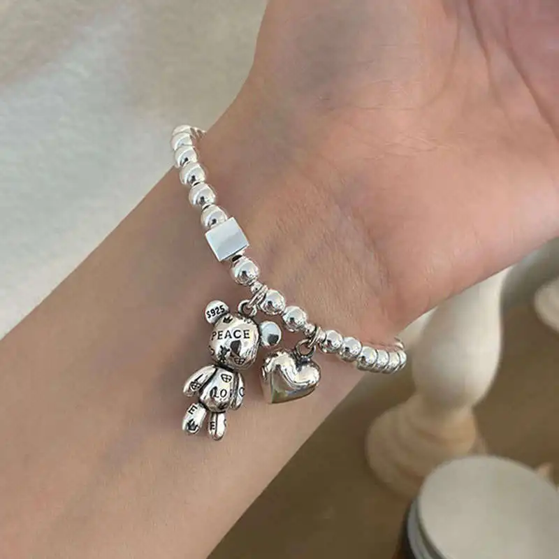 Nueva llegada, pulseras de plata tailandesa vintage con diseño de oso y corazón, joyería para mujer, regalos de cumpleaños baratos