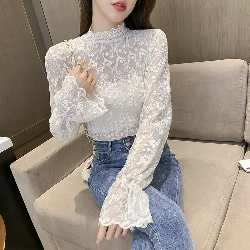 Women Lace Shirt Spring Autumn Long Sleeve Half High Collar Translucent Mesh Bottoming Shirts Female Sexy