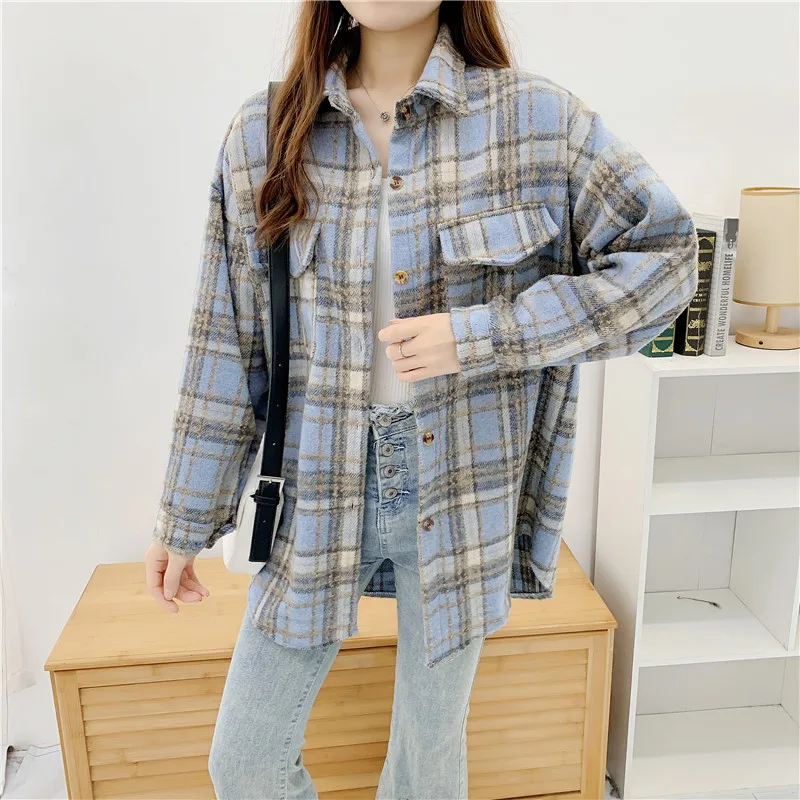 Thick Velvet Plaid Shirts Women Winter Keep Warm Blouses and Tops New Casual Loose Jacket Female Clothes Outwear KN552