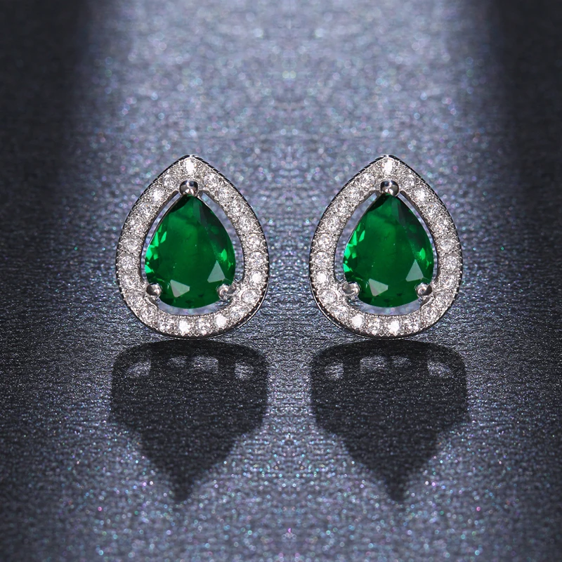 JMK Fashion Emerald Cubic Zircon Green Stone Silver Plated Stud Earrings For Women Bridal Wedding Jewelry Party Accessories Gift