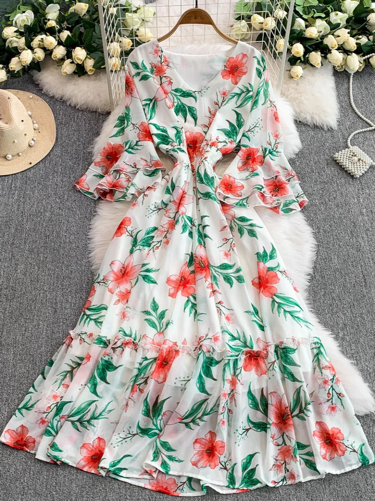 Boho vintage donna estate chic scollo a V stampa floreale abito lungo elastico in vita INS festa elegante abito da vacanza al mare con maniche svasate
