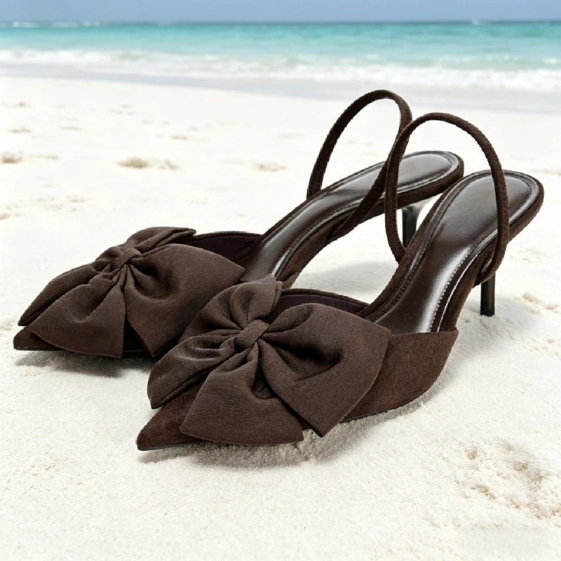 

Elegant Bow-Detail Brown Slingback Heels Women Fashion Pointed-Toe Stiletto Sandals Luxury Evening Dress Shoes Designer Shoes