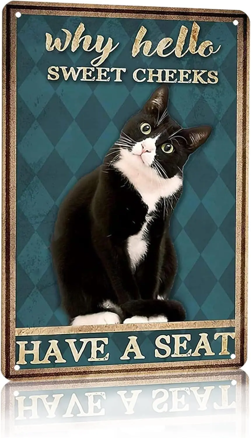 Funny Tuxedo Cat Bathroom Sign Hello Sweet Cheeks Tin for Toilet Wall Decor  (3003)-aluminum