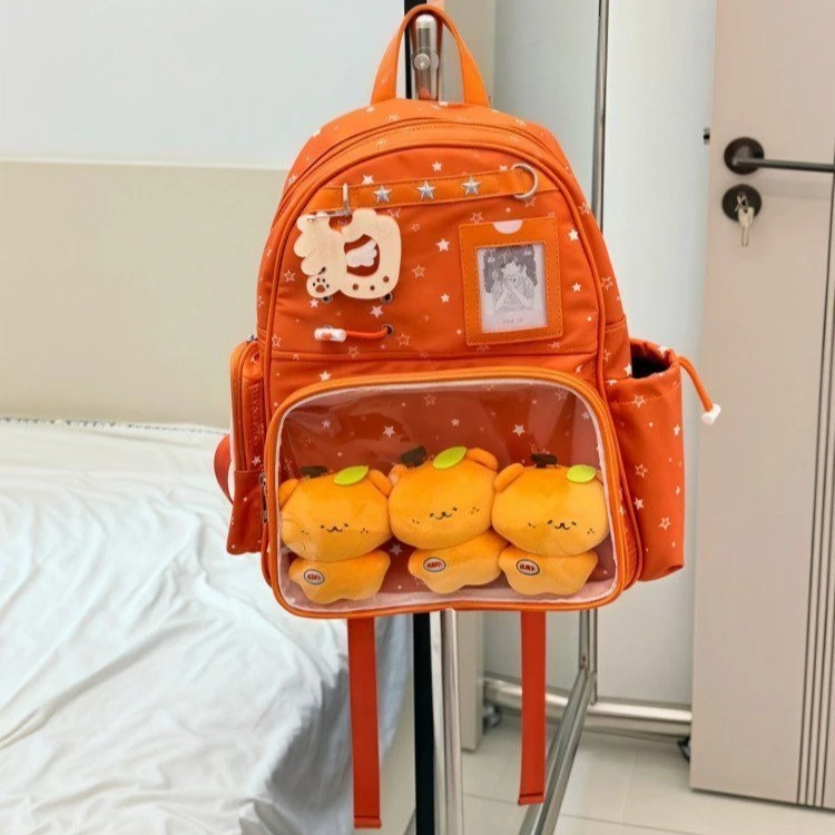 Orange Nylon Backpack Star Rivet Kawaii Transparent PVC ITA Bag Large Capacity Storage Bag Schoolbag Woman Bag Back To School