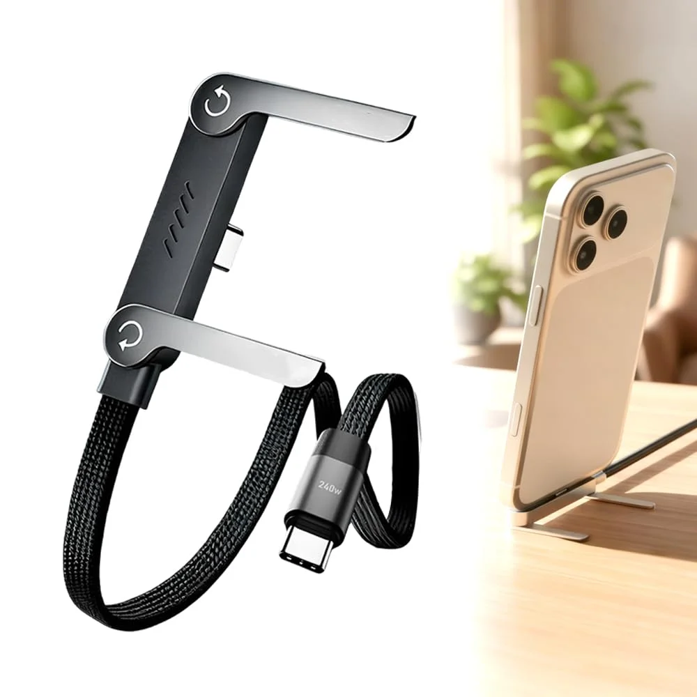 240W PD 2-in-1 USB-C Charging Cable with 360° Adjustable Metal Invisible Stand for Gaming Office Home & Mobile Devices