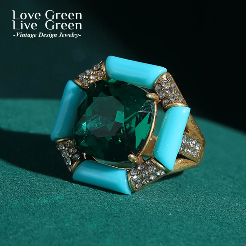 

Emerald Crystal Rings Natural Stone Enamel Square Vintage Jewelry Accessories For Women Wedding Valentine Day Gift Girlfriend