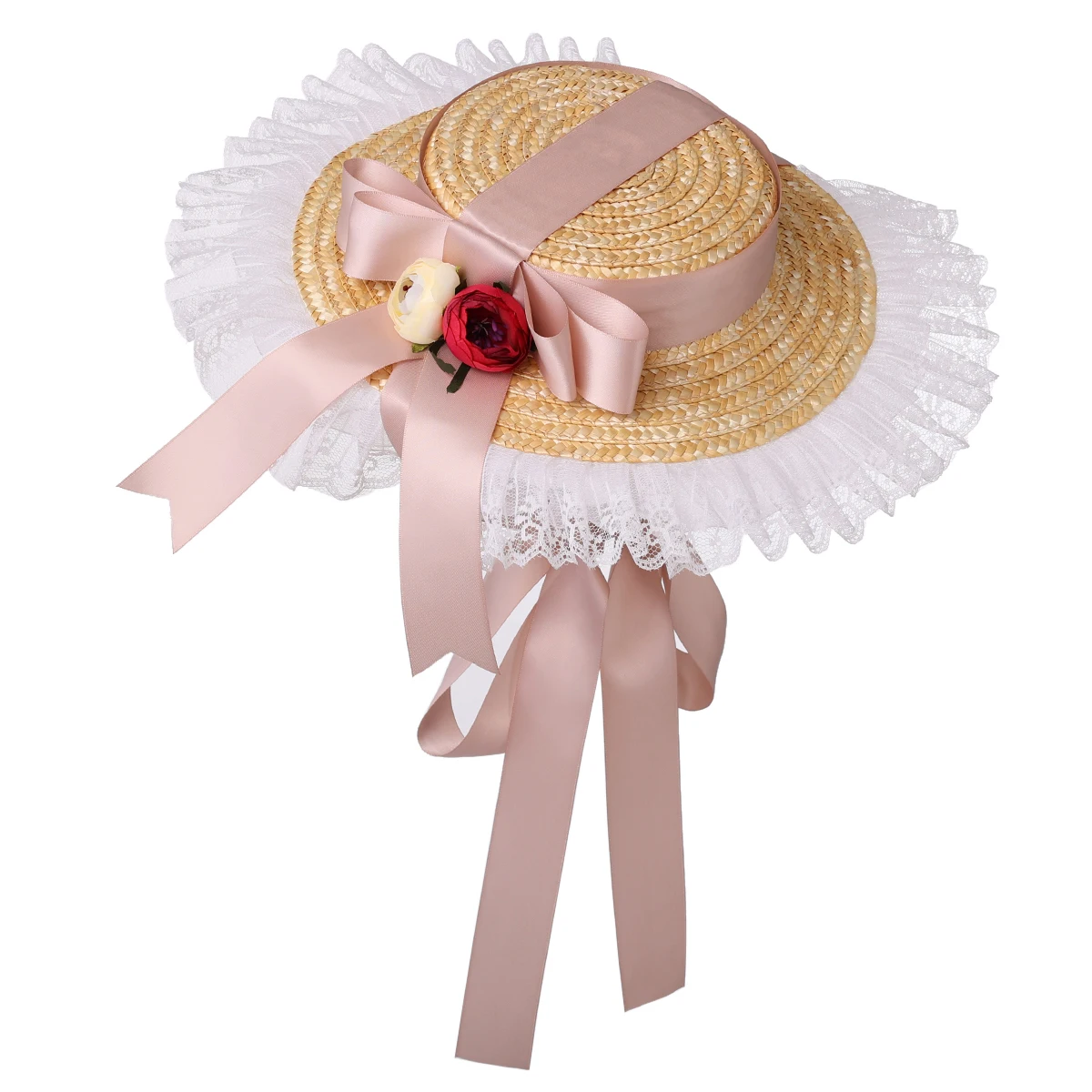 Lolita Straw Hat Mulheres Menina Victorian Pastoral Estilo Lace Bonnet Hat para Traje Tea Party Flat Cap