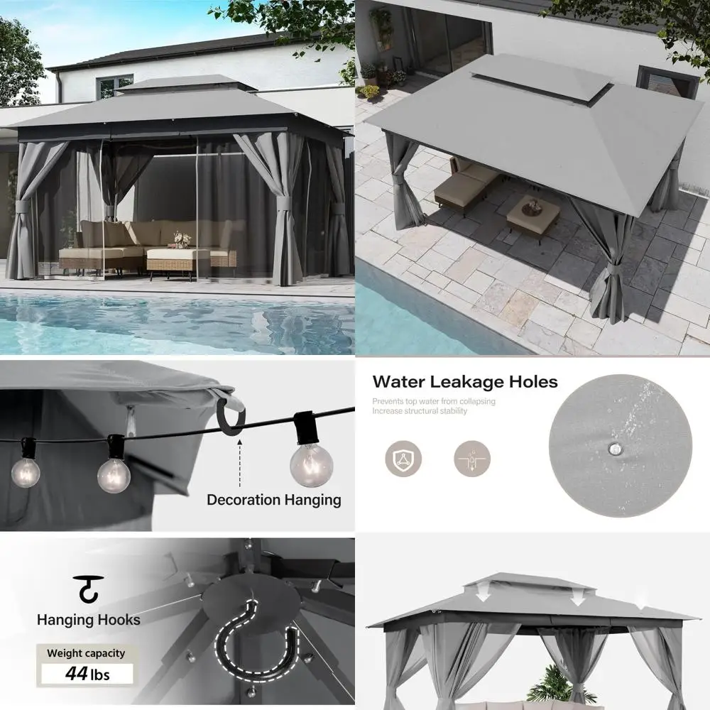

outdoor patio gazebo 10'x13' with expansion bolts, heavy duty party tent & shelter with double roofs, mosquito nettings and pri
