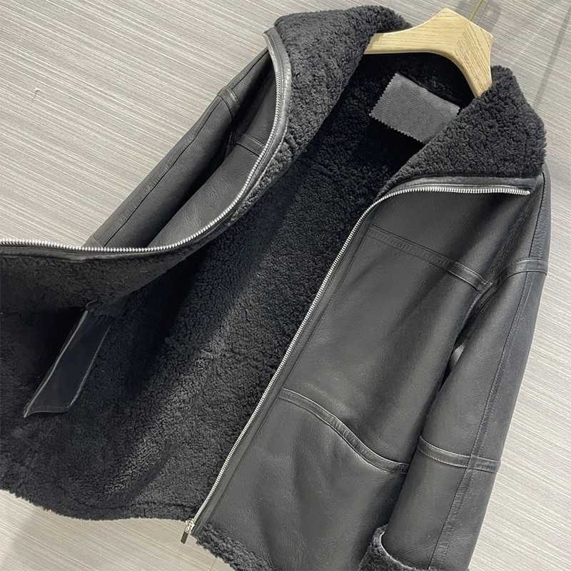 T0tem* 2024AW Haute Couture Fur Sheepskin Jackets Women Brand TR Wool Black Zip Fashion Jacket Winter Coat Woman Leather Fendi