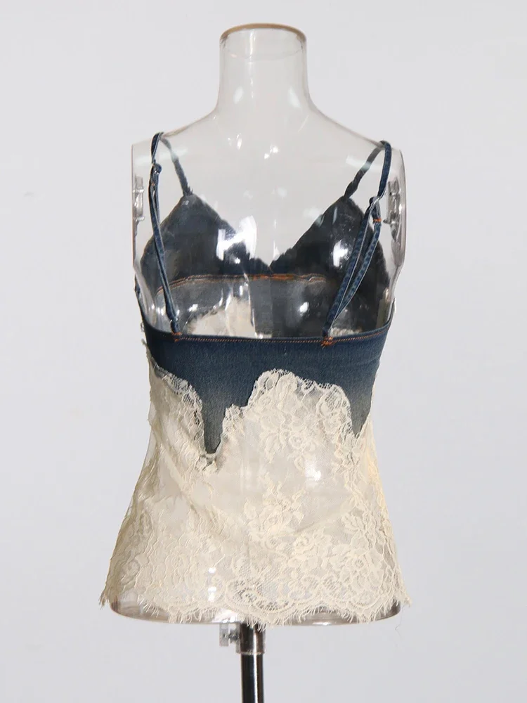 2025 Patchwork Kant Tweedelige Set Voor Vrouwen V-hals Mouwloze Tops Hoge Taille Losse Broek Afslanken Denim Sets Vrouwelijke Nieuwe