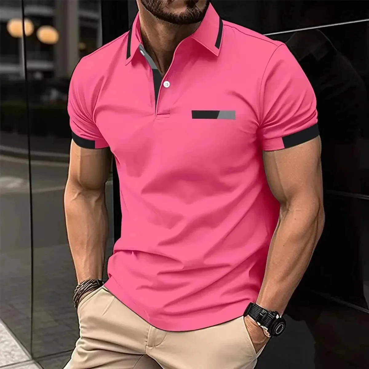 Summer Men\'s Casual Short Sleeved Polo Shirt Solid Color Lapel Tops Fashion Casual Business Pink Polo Shirt Breathable T-shirt