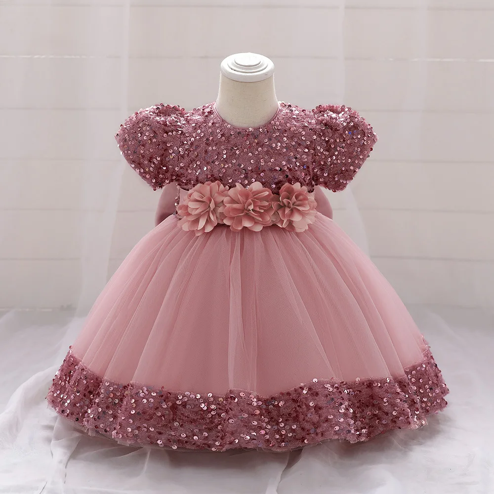 Bow Christmas Baby Girl Dresse Infant Sequin 1st Birthday Red Party Wedding Prom Kids Dresses For Girl Lace Flower Princess Gown