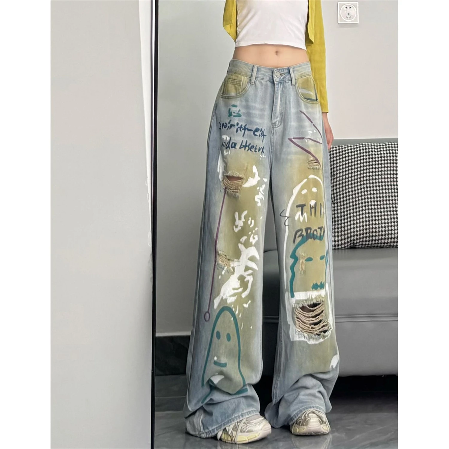 Women's High Waist Wide Leg Light Blue Jeans Graffiti Print Distressed Ripped Vintage Washed Y2K Streetwear Denim Trousers