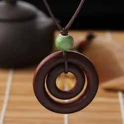 Gifts Bead Brown Women Double-circle Pendant Wood Necklace Rope Chain Long