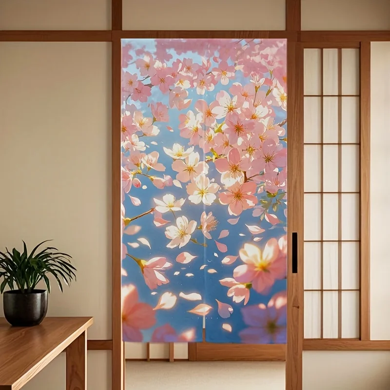 1pc Japanese cherry blossom pattern door curtain, polyester fabric, machine washable, suitable for Japanese room decoration