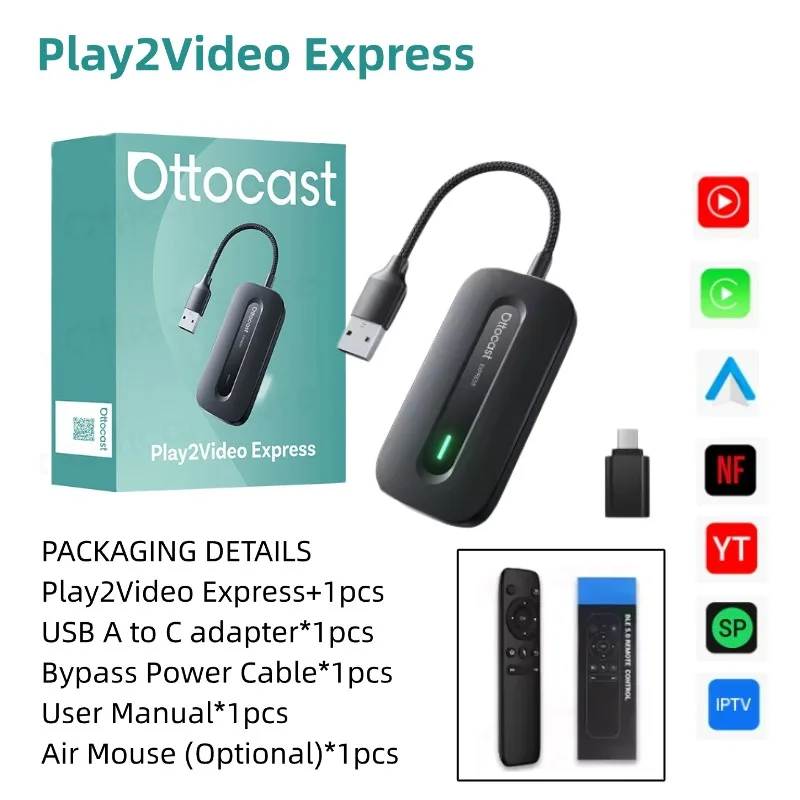 OTTOCAST Play2Video Express Draadloze CarPlay Android Auto Adapter voor Youtube Netflix voor Volvo Chevrolet VW CarAccessorie