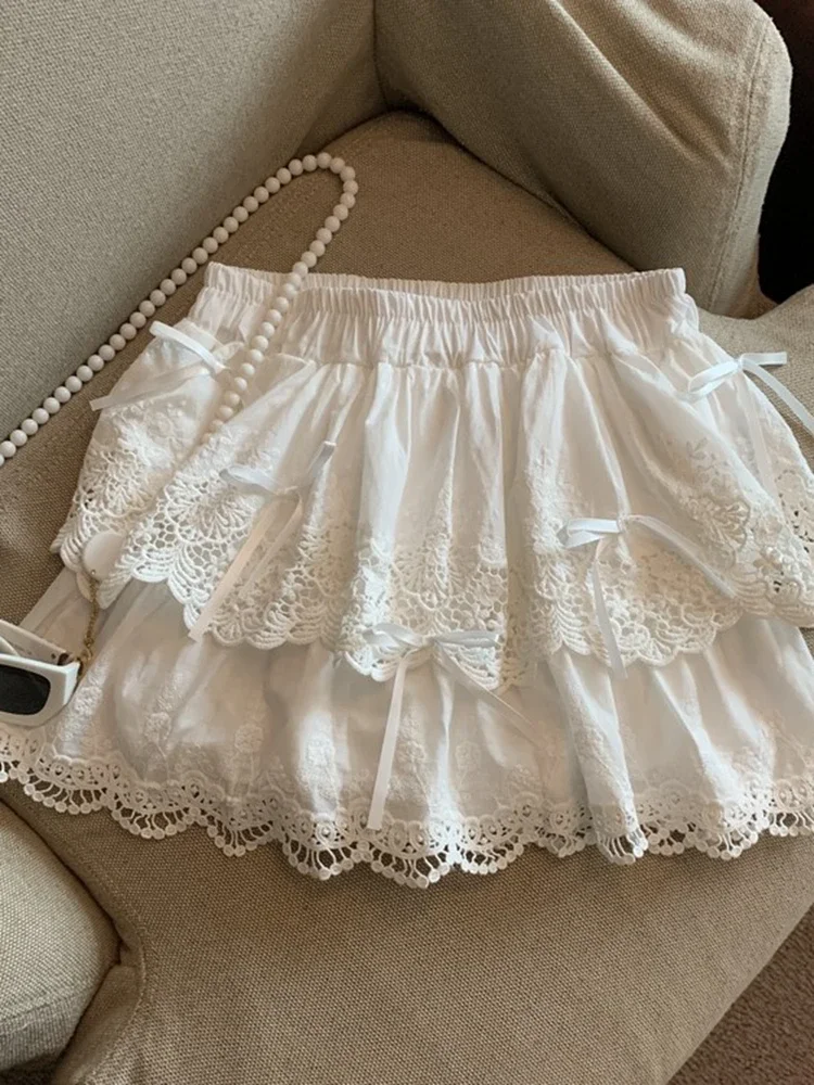 

Bow Lace Skirt Women's Summer High Waist A- line Skirt Cake Puffy Miniskirt Ballet Sle Pleated Skirt ZT269