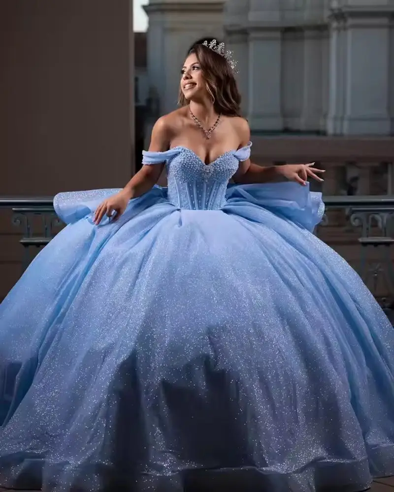 ANGELSBRIDEP Blauw Glinsterende Baljurk Quinceanera Jurken Vestidos De 15 Anos Kralen Boog Formele Verjaardagsfeestje Aangepaste