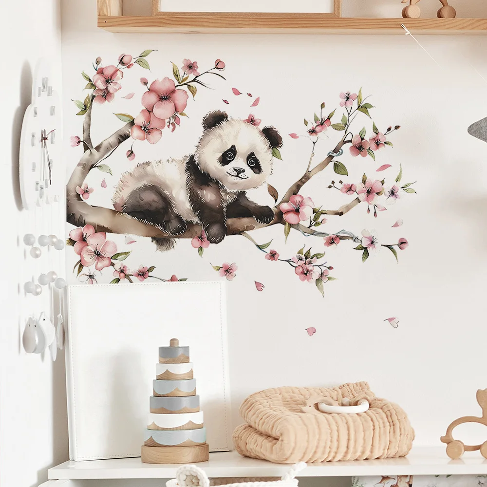 

Cartoon Panda Branch Flower Wall Sticker Living Room Background Decoration Wallpaper Kid Bedroom Home Decor Self-adhesive Decals