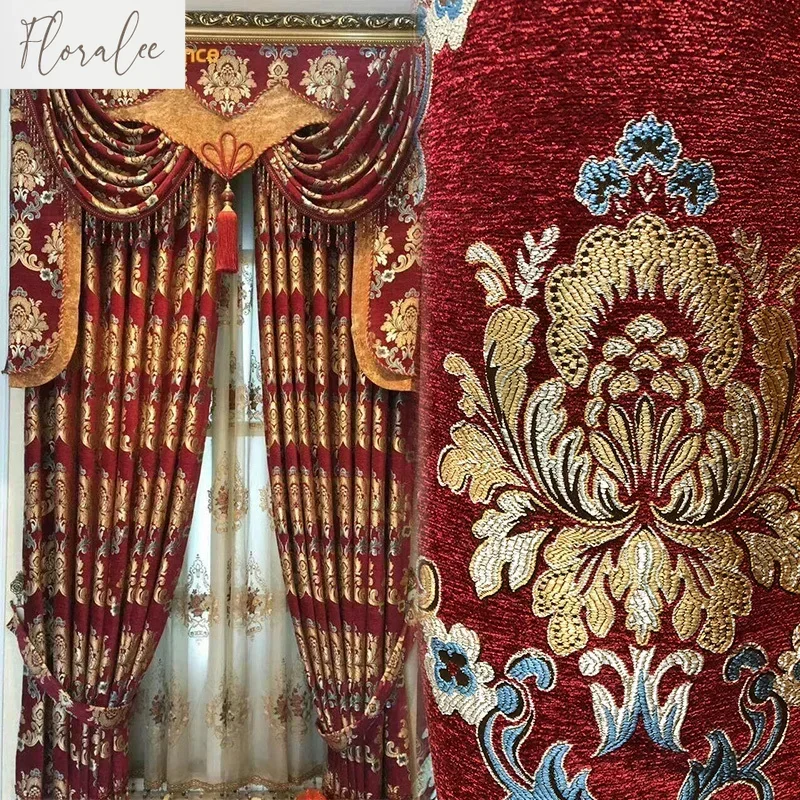 

European-style Red Luxury Curtains for Living Room Bedroom Jacquard Thick Chenille Blackout Curtain Custom Finished Valance