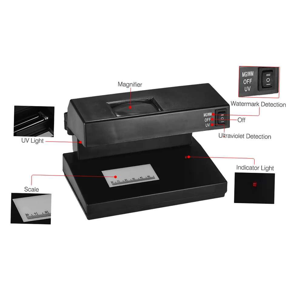 Détecteur De Faux Billets Portable UV Avec Échelle - Appareil Professionnel Compact Pour Bureaux Et Commerces - Détection Précise Euros