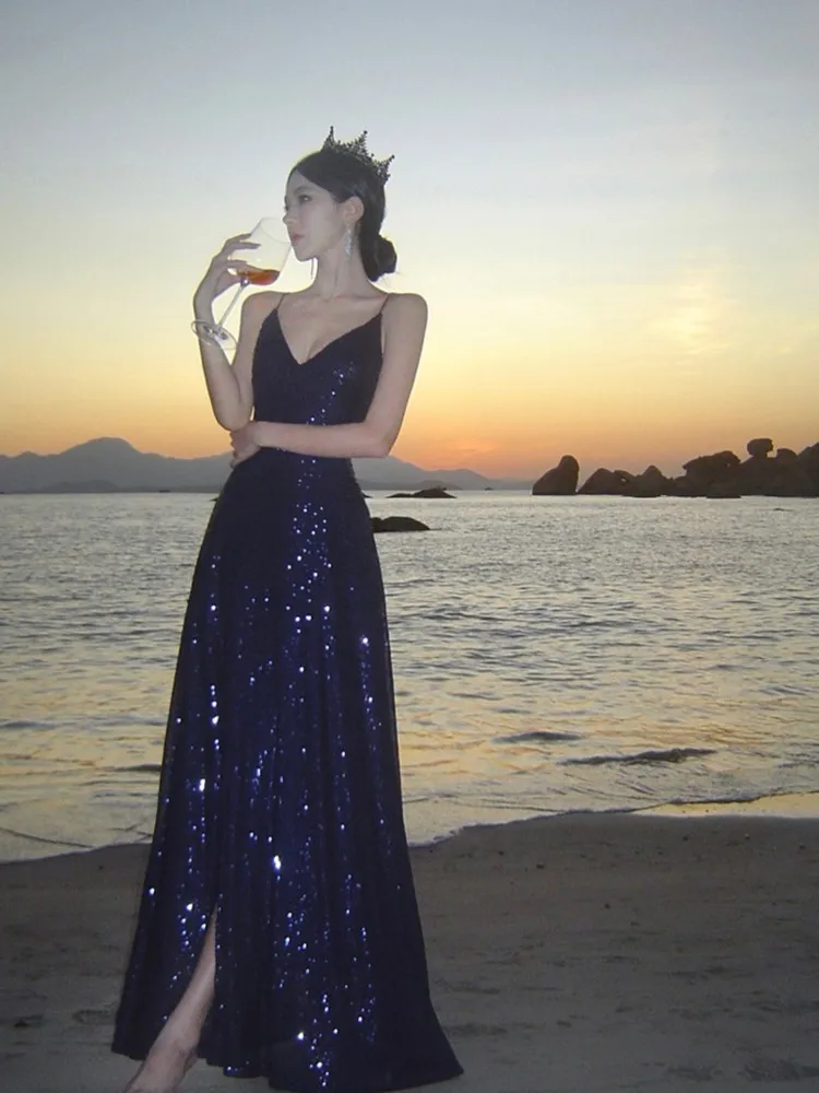 

Sexy Slim Luxury Gown Evening Dresses Elegant Backless V-Neck Split Party Dress Fashion Robe Birthday Party Autumn Spring New