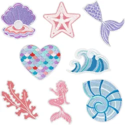 Pink Mermaid Embroidery Fabric Conch Pearl Shell Seaweed Cloth Appliques Cute Unicorn Decorative Iron on Patch for Kids Clothing