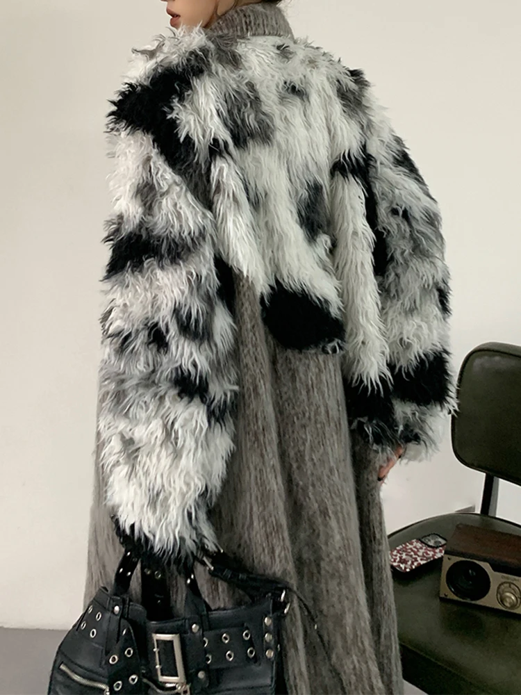 YERMORA Gray Splice Irregular Fake Fur Woolen Coat For Women Lapel Long Sleeve Overcoat Fashion Tide Autumn Winter New 2025
