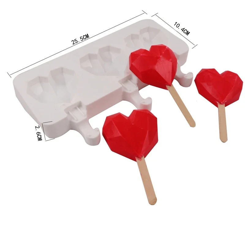 3 heart diamonds Heart Silicone Popsicle Mold for Valentine's Day DIY Ice Cream Chocolate Dessert Ice Cube Tray Baking Tools