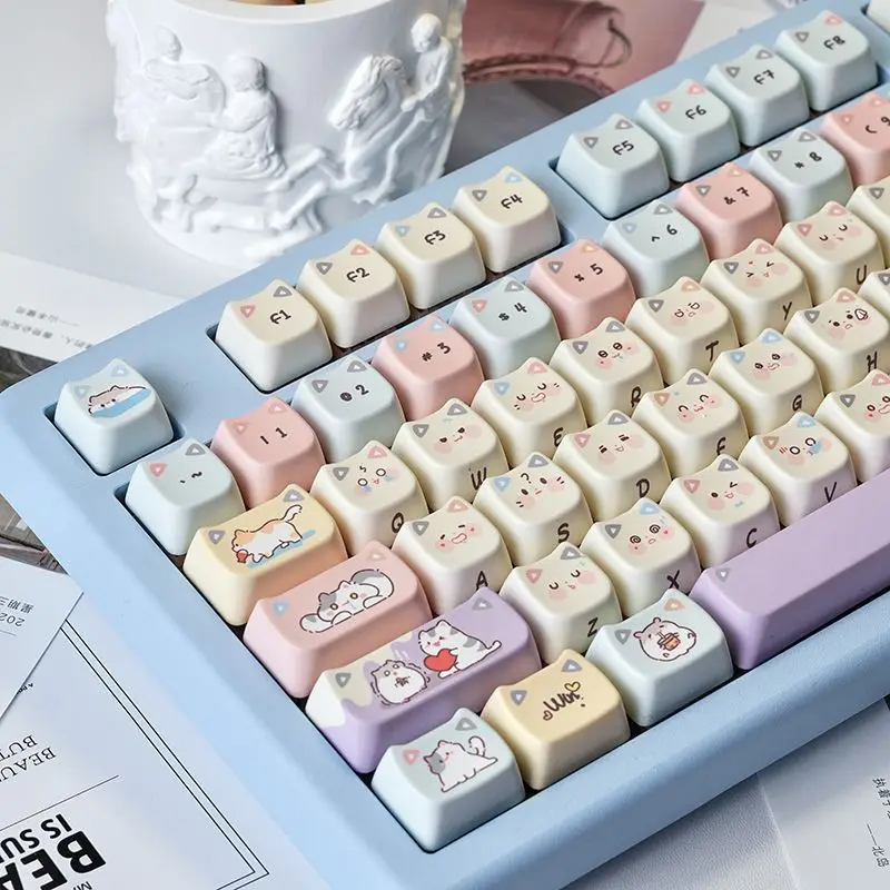 Cute Cat Keycaps 128 Keys Set PBT Dye Cute BOX Gift Keyboard Cap MAO Profile Customization Key Cap for Mechanical Keyboard