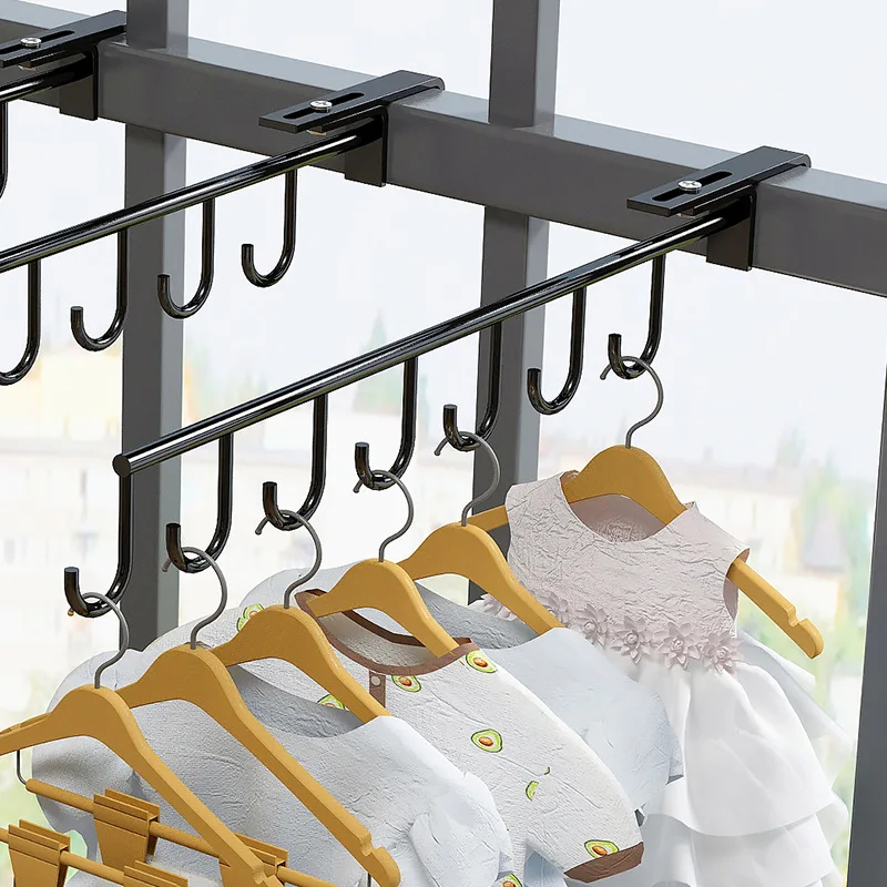 Hanging Clothes Rack with Hooks Punch Free Clothes Drying Rack Heavy Duty Clothes Storage Rod