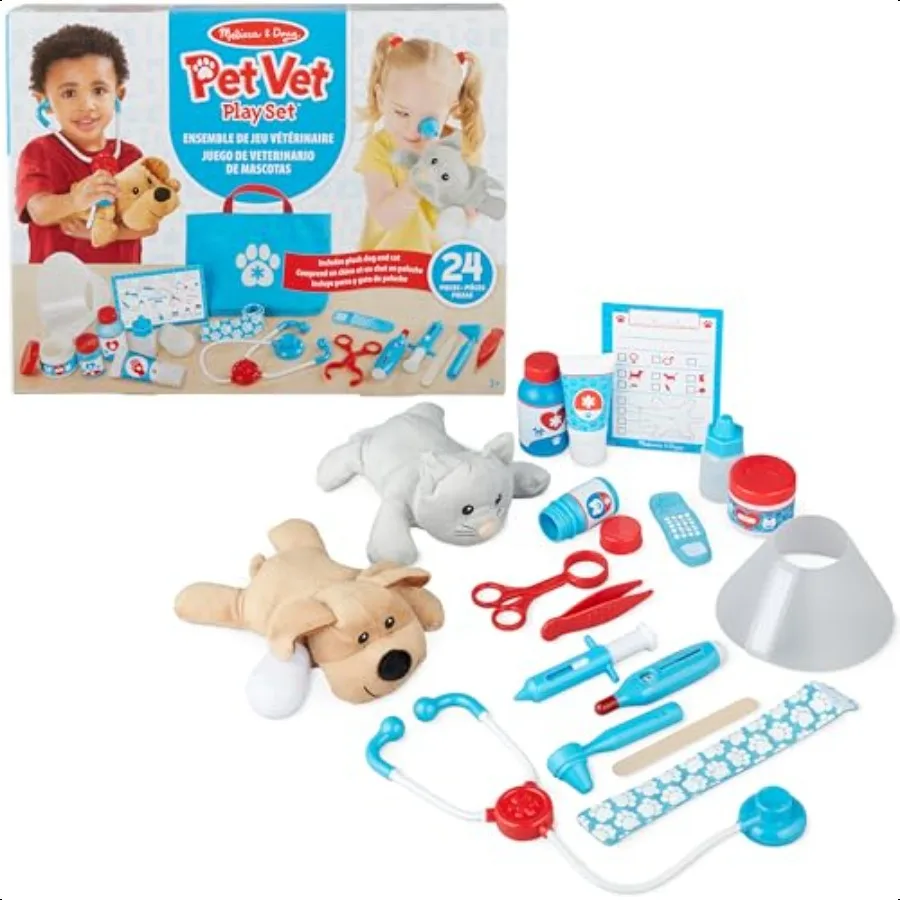 

Melissa Doug Examine and Treat Pet Vet Play Set 24Piece Animal Doctor Playset with Dog Cat Plushies Pet Doctor Kit Accories Pre