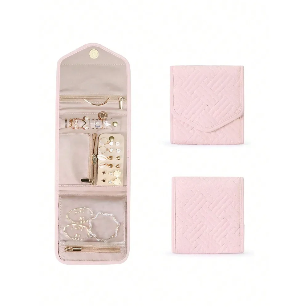 1pc Exquisite Portable Travel Jewelry Storage Box, Mini Simple Jewelry Organizer, Foldable Jewelry Roll For Necklaces, Earrings,