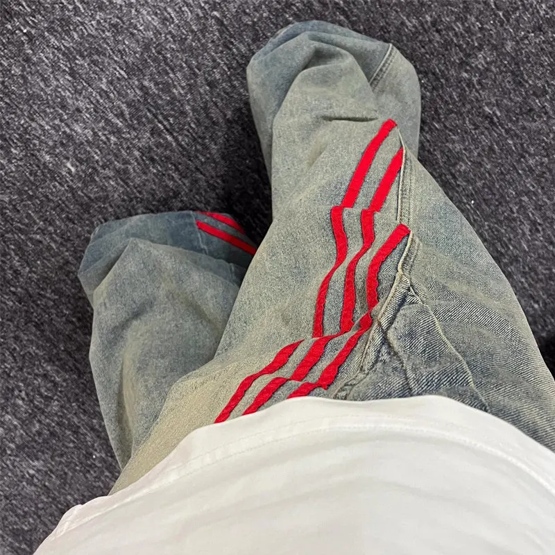 

Men's Retro American High Street Stripe Wide Leg Jeans Tee Bars Stripe Loose Floor-Length Splicing Wide Leg Pants