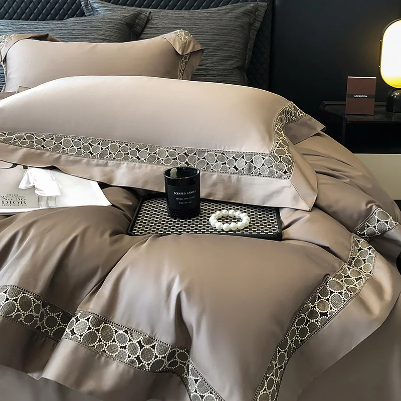 1200TC Egyptian Cotton Brown Hollow Lace Wide Edge Embroidery Bedding Set Duvet Cover Set Flat/Fitted Bed Sheet Pillowcases 4Pcs